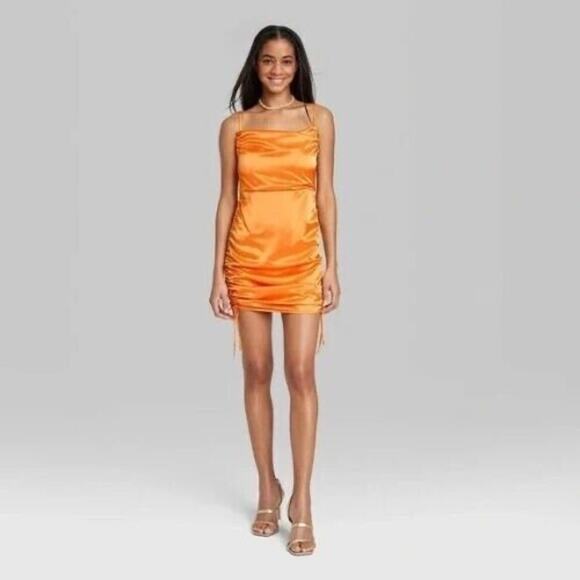 Wild Fable Orange Ruched Mini Dress Satin Small NEW Y2K Bodycon Bright Y2K Prep - Picture 1 of 8